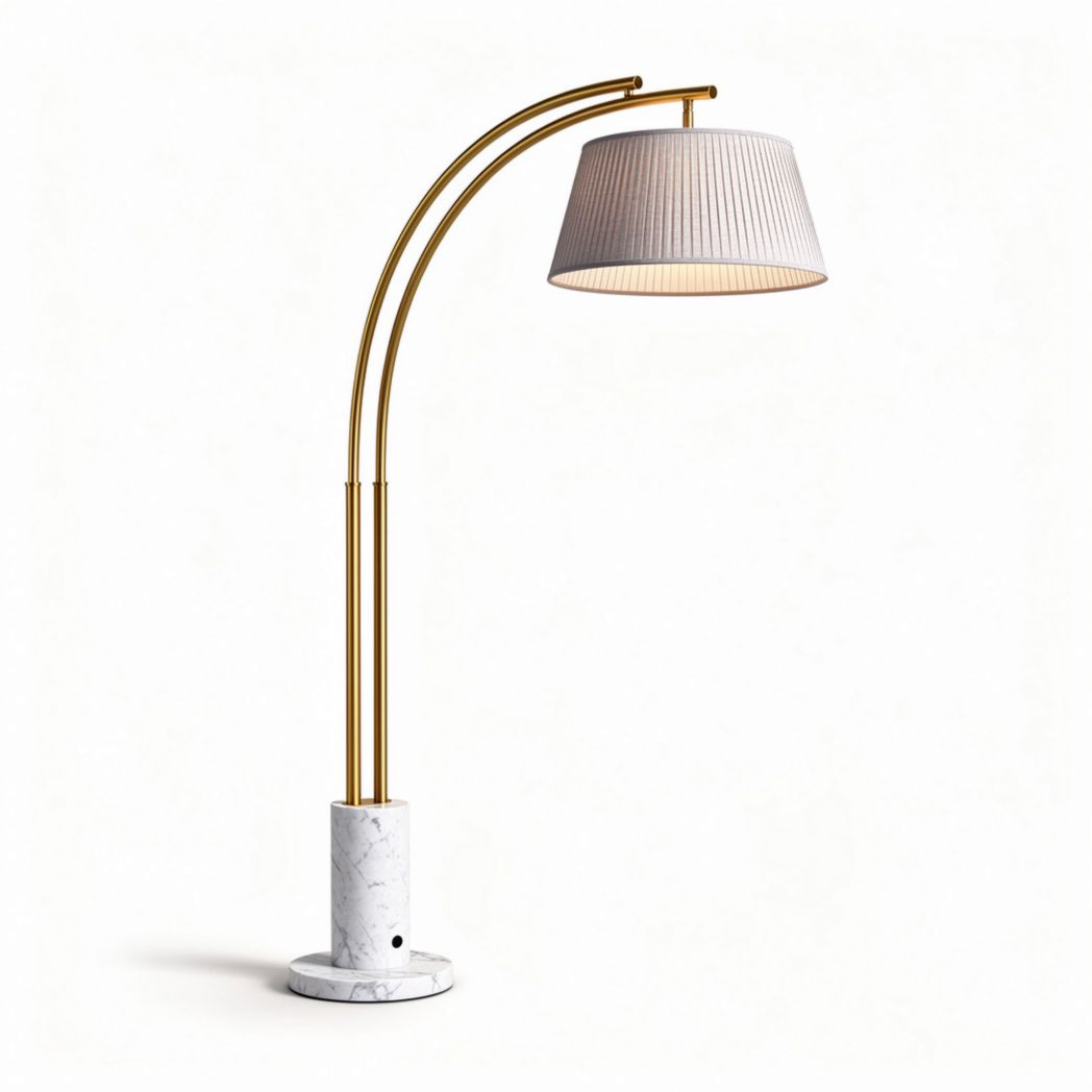 Marmeren vloerlamp met gouden buis en stoflampenkap 50 x 30 x 150cm