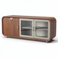 Lage houten kast met glazen deuren en halfronde randen 150 x 40 x 60cm