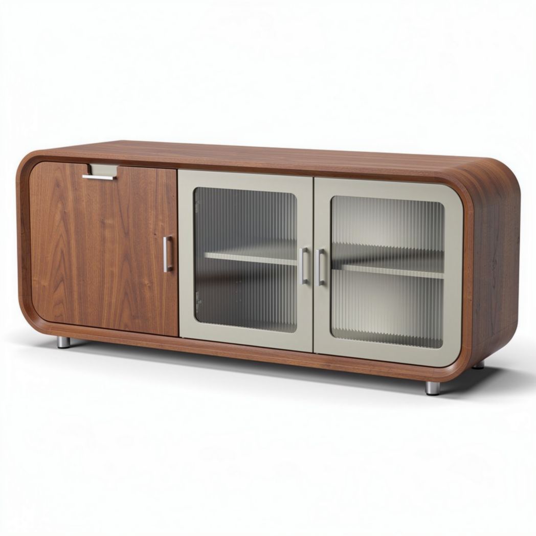 Lage houten kast met glazen deuren en halfronde randen 150 x 40 x 60cm