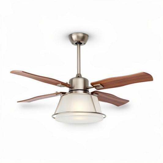 Plafondventilator met wit glazen lampen en houten bladen 35 x 35 x 30cm