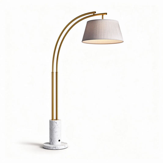 Marmeren vloerlamp met gouden buis en stoflampenkap 50 x 30 x 150cm