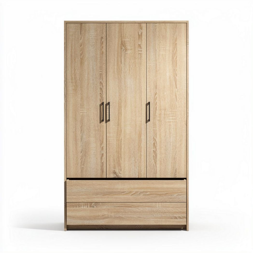 Kast van spaanplaat in natuurlijk houtkleur met drie deuren en lade 180 x 90 x 45cm